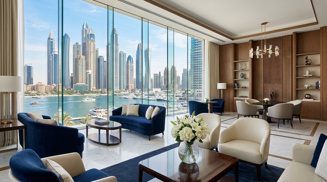 Private banking lounge overlooking Dubai Marina waterfront