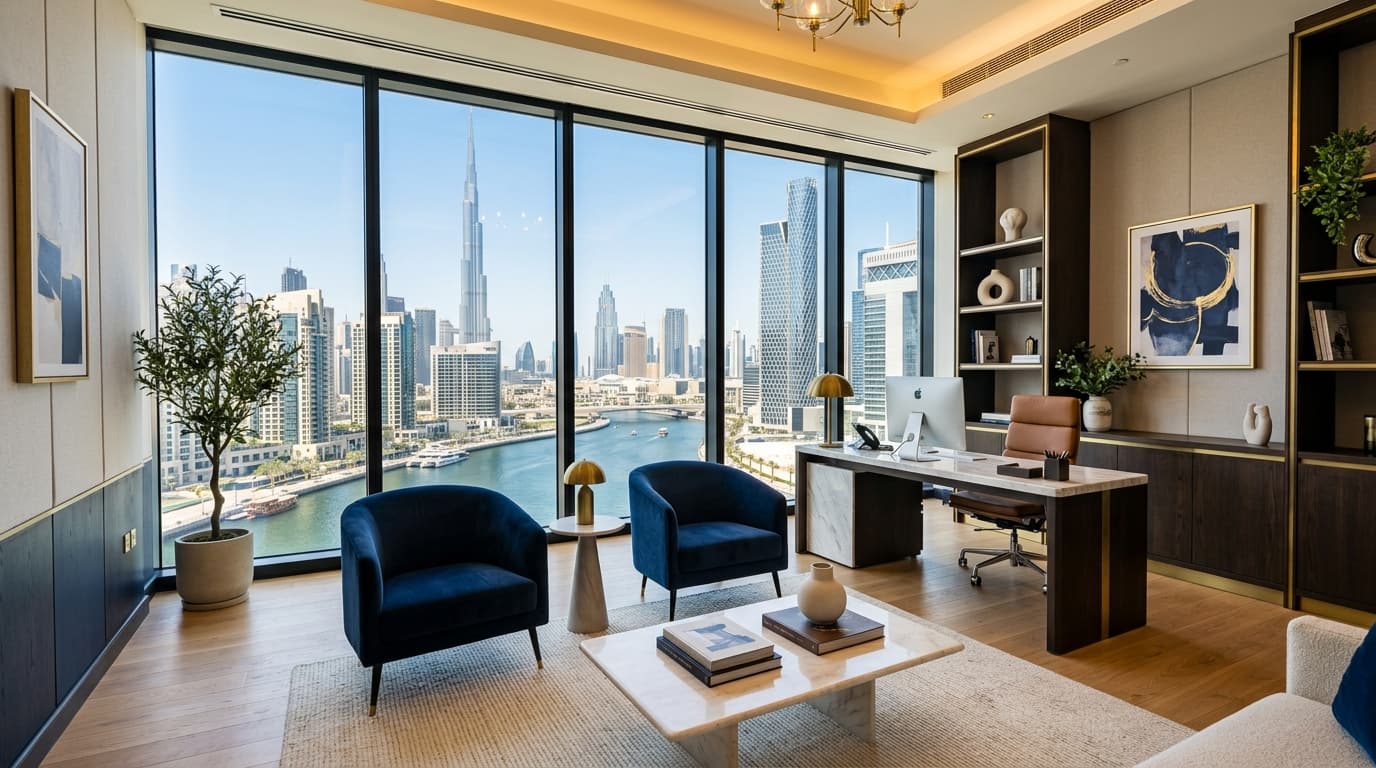 Truss boutique business consultancy advisory desk overlooking the Dubai Canal