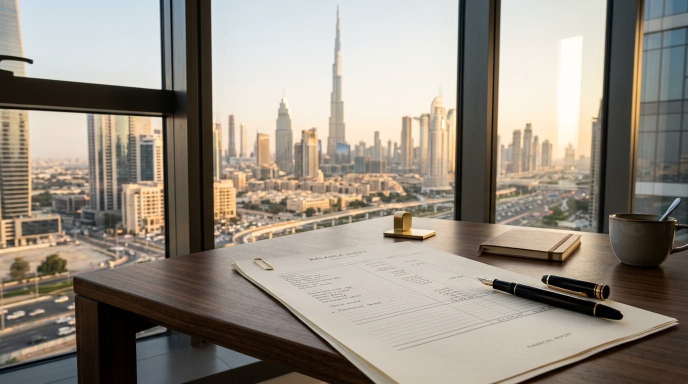 Audited financial balance sheet and corporate bookkeeping desk in Dubai