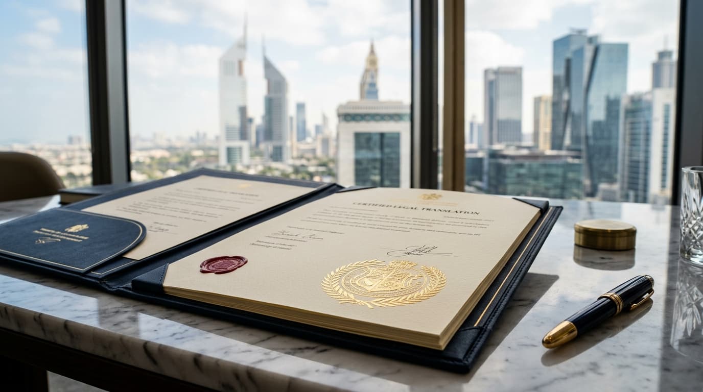 Official UAE Ministry of Justice legal translation folio with sworn translator seal